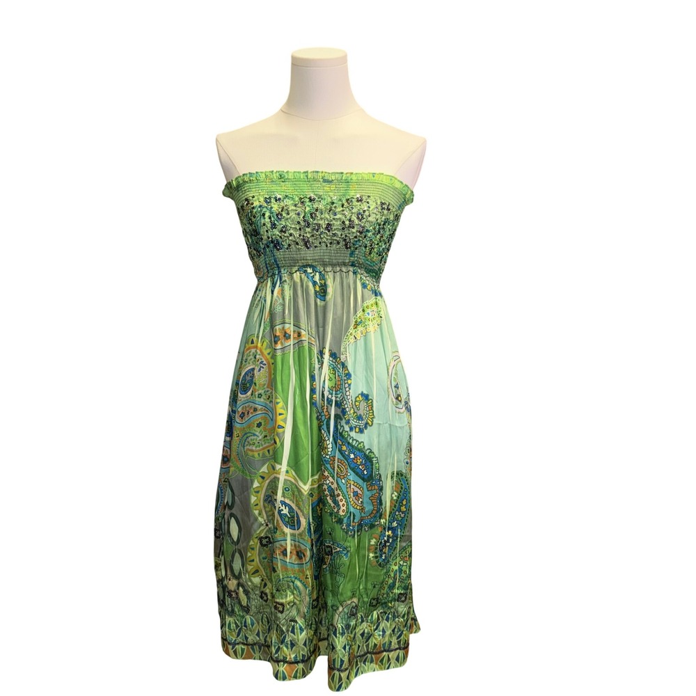 Lapis Green Paisley Sequin Smocked Strapless Midi Dress One Size Womens Boho